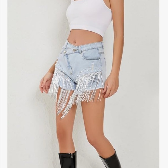 Women's High Waist Denim Short Sequin Rhinestone Pearl Beaded Fringe tassel - Picture 8 of 13